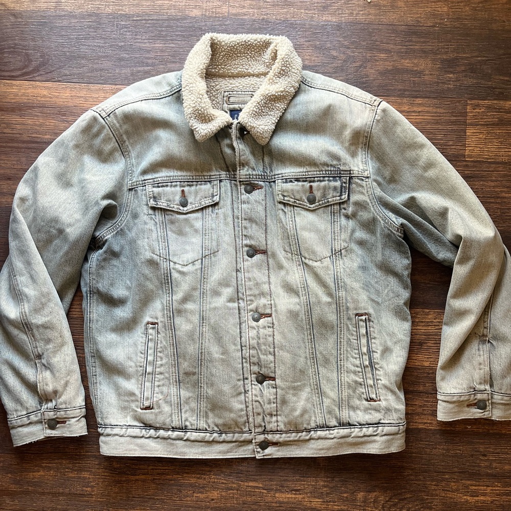 Men's Gap Jacket Charcoal Gray Trucker XL Sherpa Cowboy Ranch Fleece Retro City